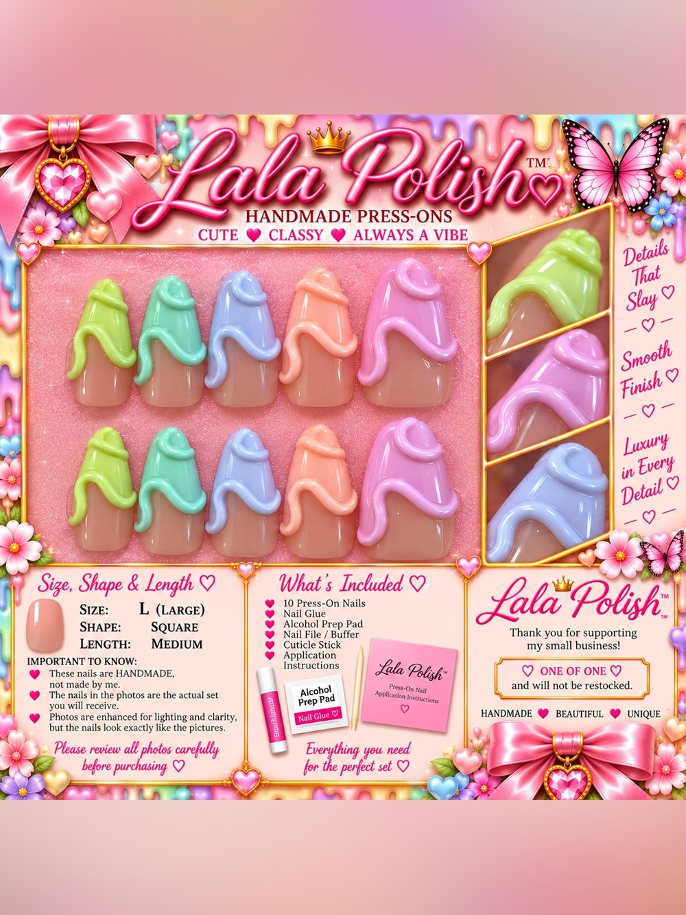 #13 Lala Polish Handmade Press-On Nails – Pastel Drip Design (Set of 10)